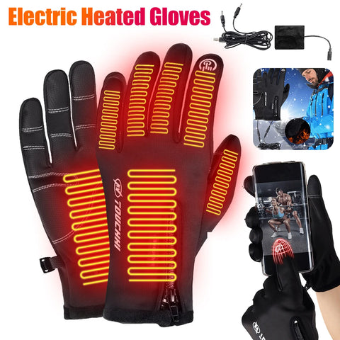 USB Heated Gloves Man Windproof Winter Motorcycle Gloves Hand Warmer Rechargeable Touch Screen Cycling Gloves for Camping Hiking